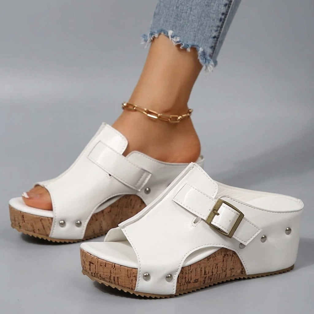 Women's Cork Wedge Platform Sandals – Gold Buckle | The Olivia | Huna