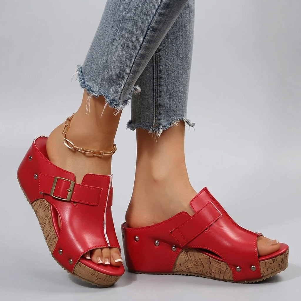 Women's Cork Wedge Platform Sandals – Gold Buckle | The Olivia | Huna