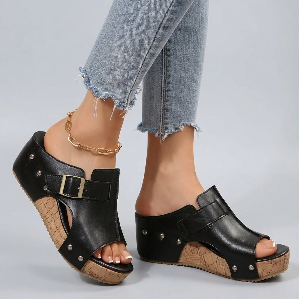 Women's Cork Wedge Platform Sandals – Gold Buckle | The Olivia | Huna