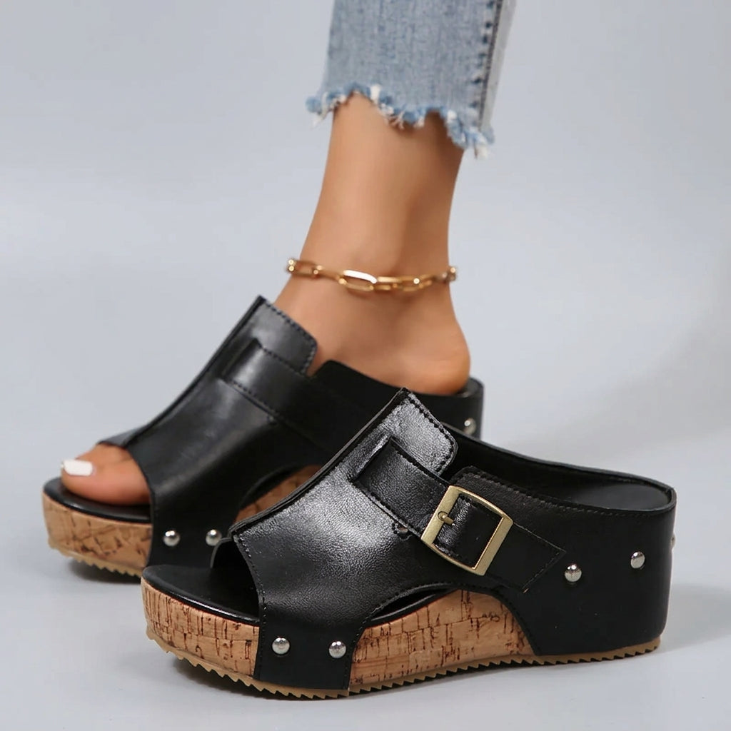 Women's Cork Wedge Platform Sandals – Gold Buckle | The Olivia | Huna