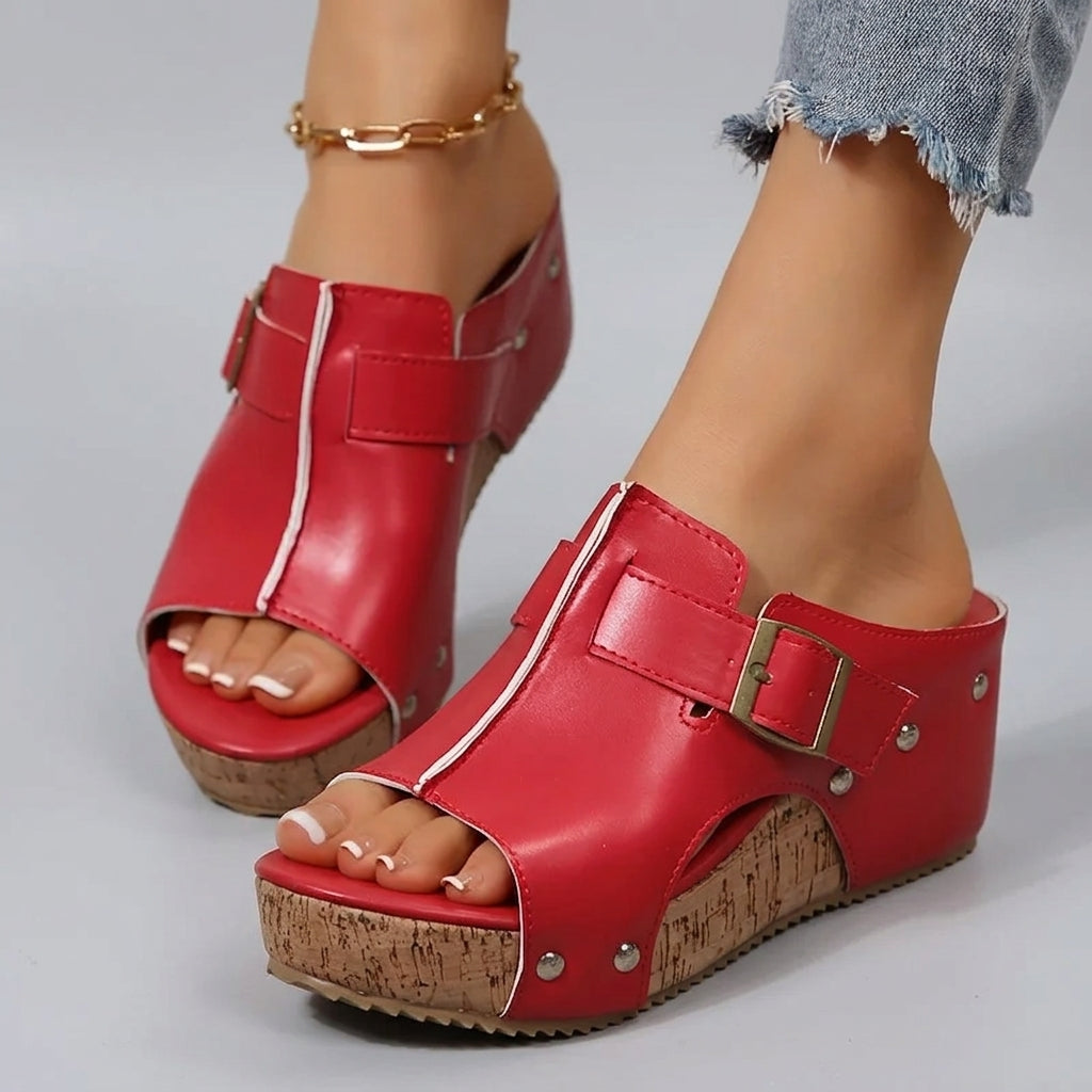 Women's Cork Wedge Platform Sandals – Gold Buckle | The Olivia | Huna