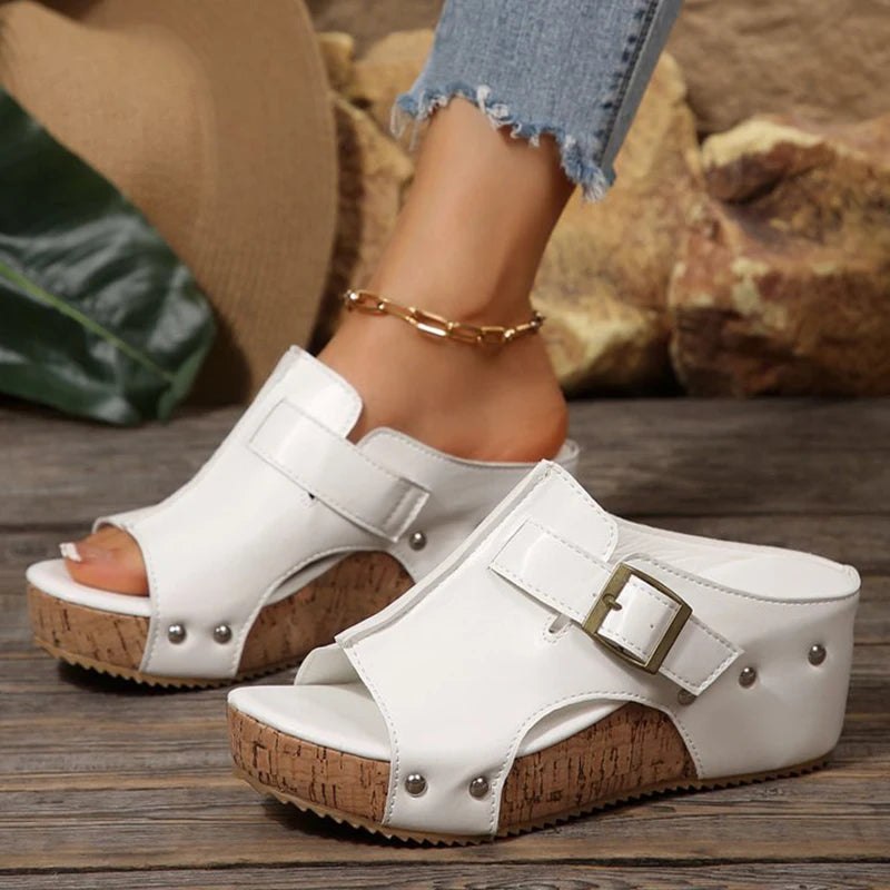 Women's Cork Wedge Platform Sandals – Gold Buckle | The Olivia | Huna