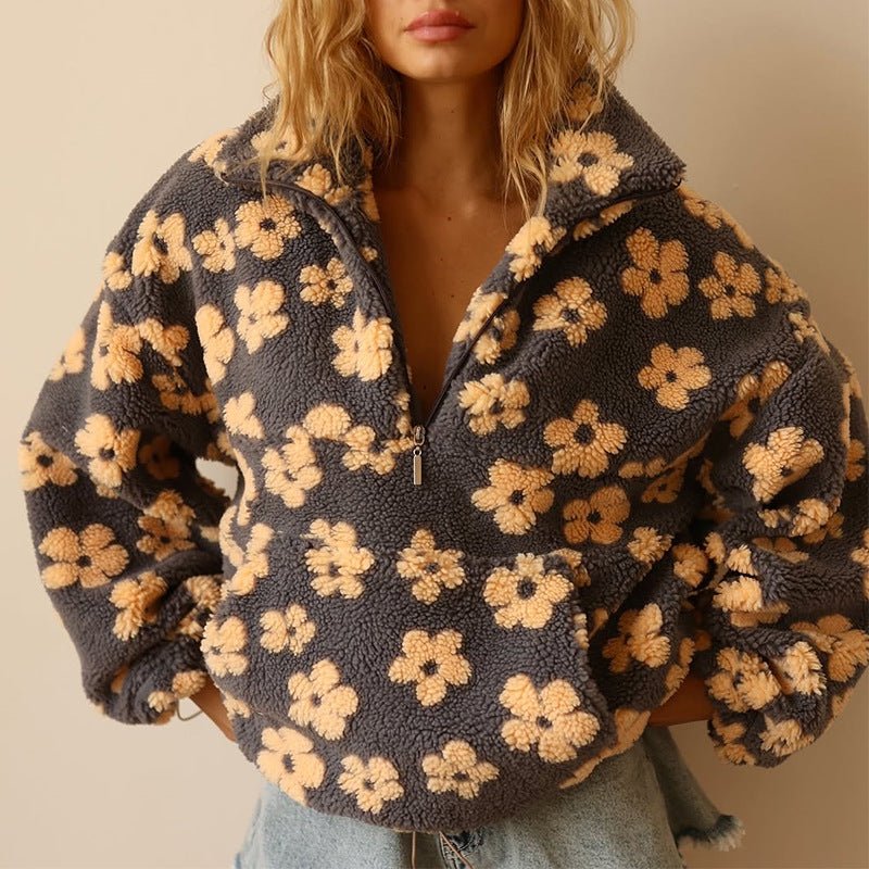 Women's Floral Teddy Fleece Jacket UK – Oversized Half Zip | The Marceline | Huna