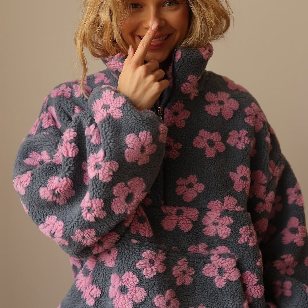 Women's Floral Teddy Fleece Jacket UK – Oversized Half Zip | The Marceline | Huna