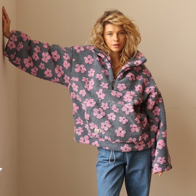 Women's Floral Teddy Fleece Jacket UK – Oversized Half Zip | The Marceline | Huna