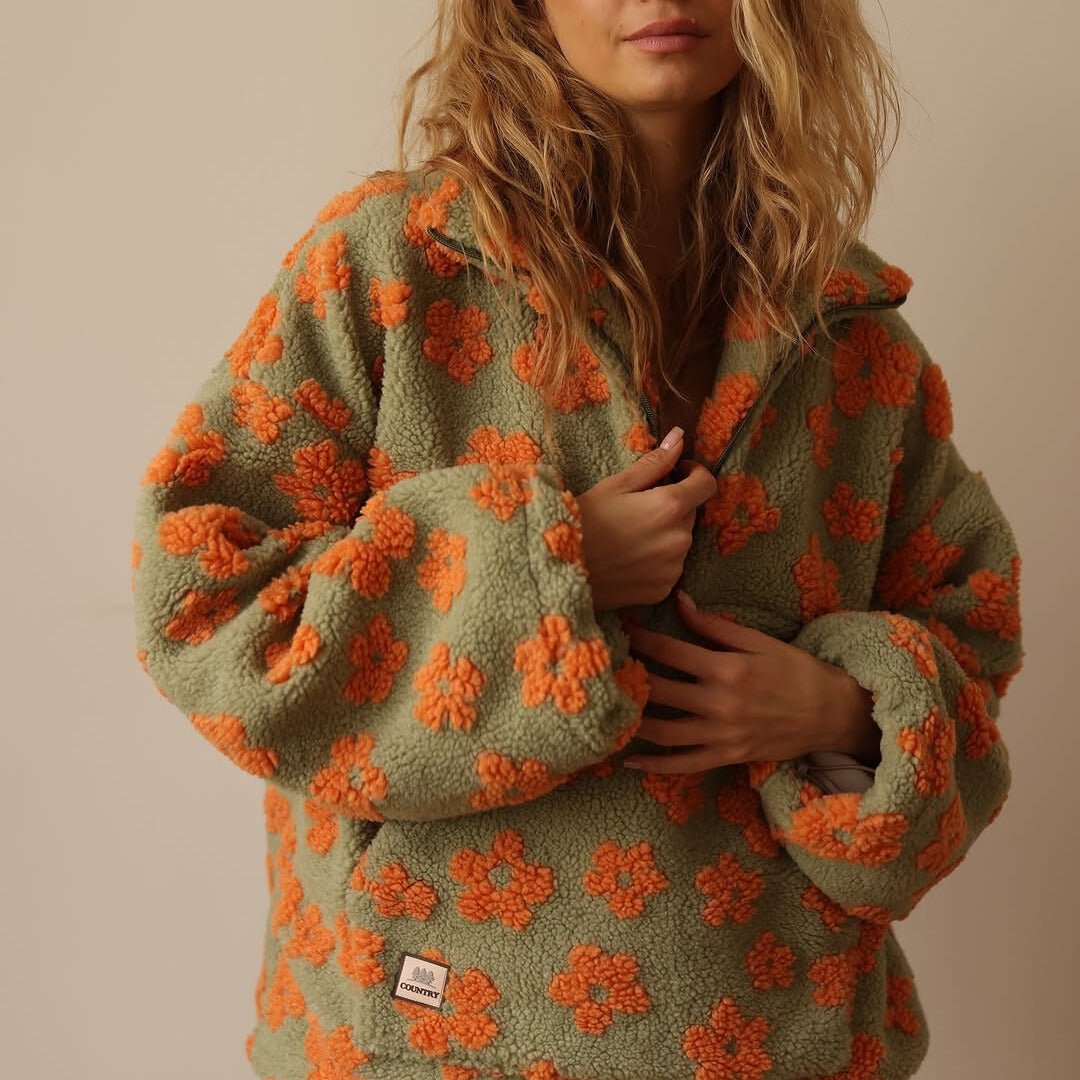 Women's Floral Teddy Fleece Jacket UK – Oversized Half Zip | The Marceline | Huna