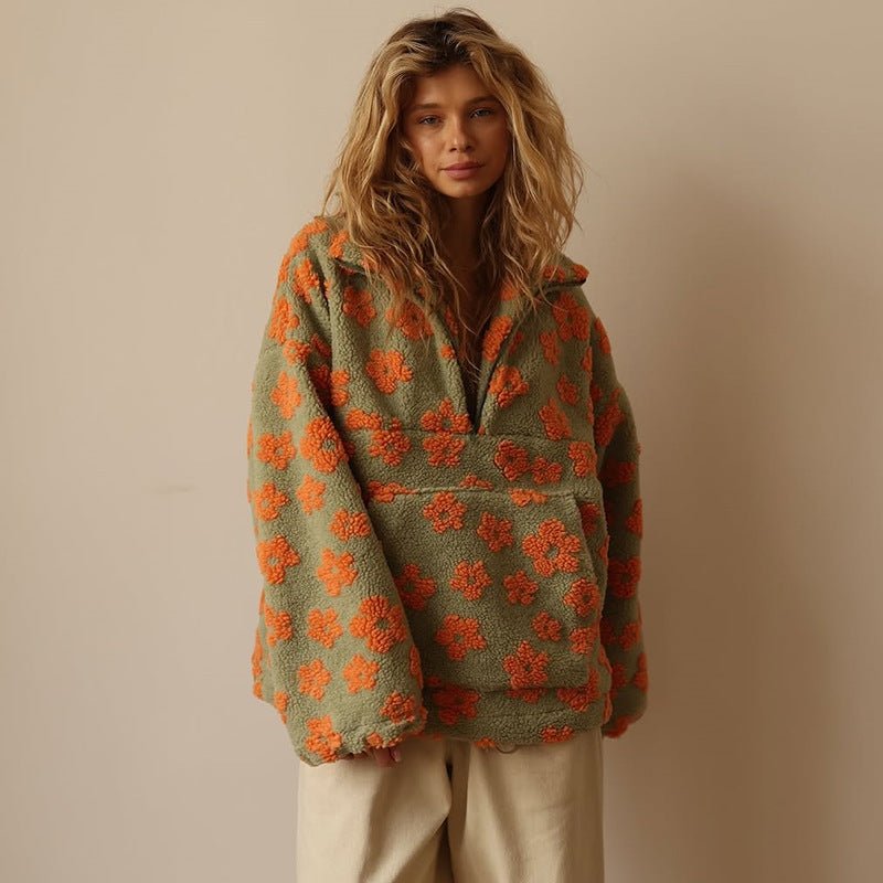 Women's Floral Teddy Fleece Jacket UK – Oversized Half Zip | The Marceline | Huna