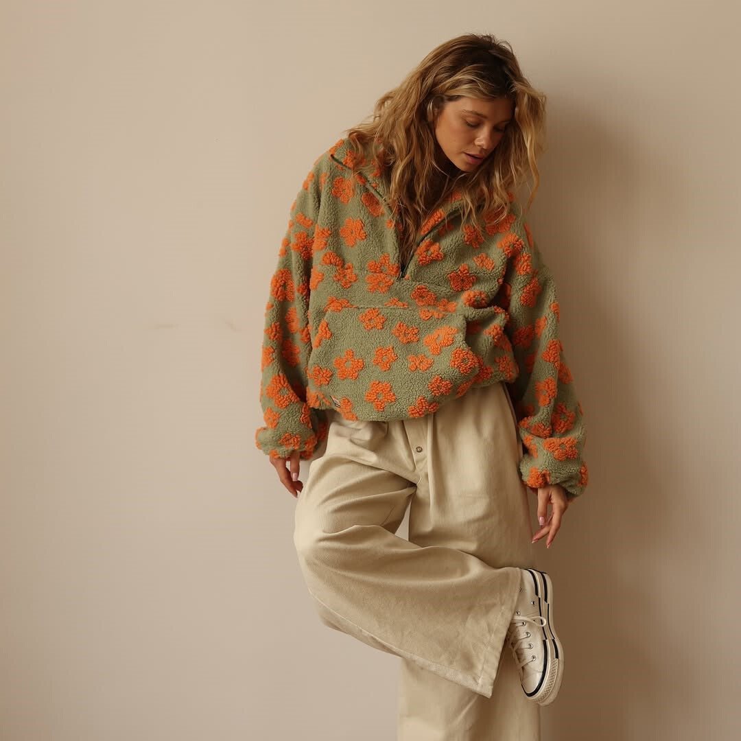 Women's Floral Teddy Fleece Jacket UK – Oversized Half Zip | The Marceline | Huna