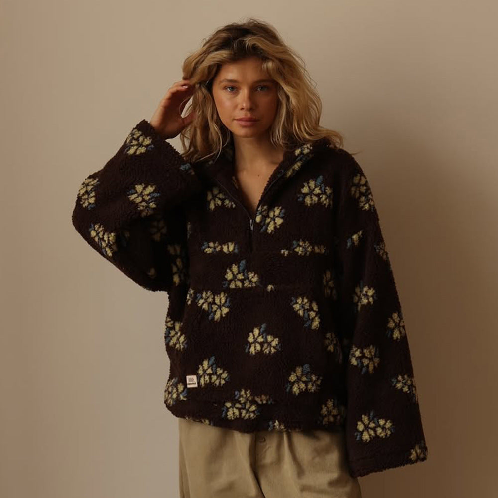 Women's Floral Teddy Fleece Jacket UK – Oversized Half Zip | The Marceline | Huna