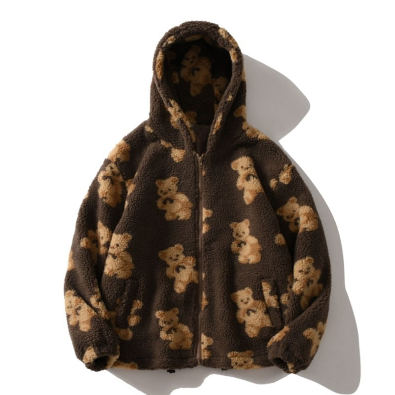 Women's Sherpa Jacket UK – Oversized Fluffy Hood Teddy Print | The Wynnfred | Huna