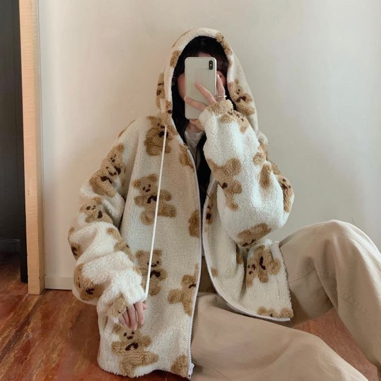 Women's Sherpa Jacket UK – Oversized Fluffy Hood Teddy Print | The Wynnfred | Huna