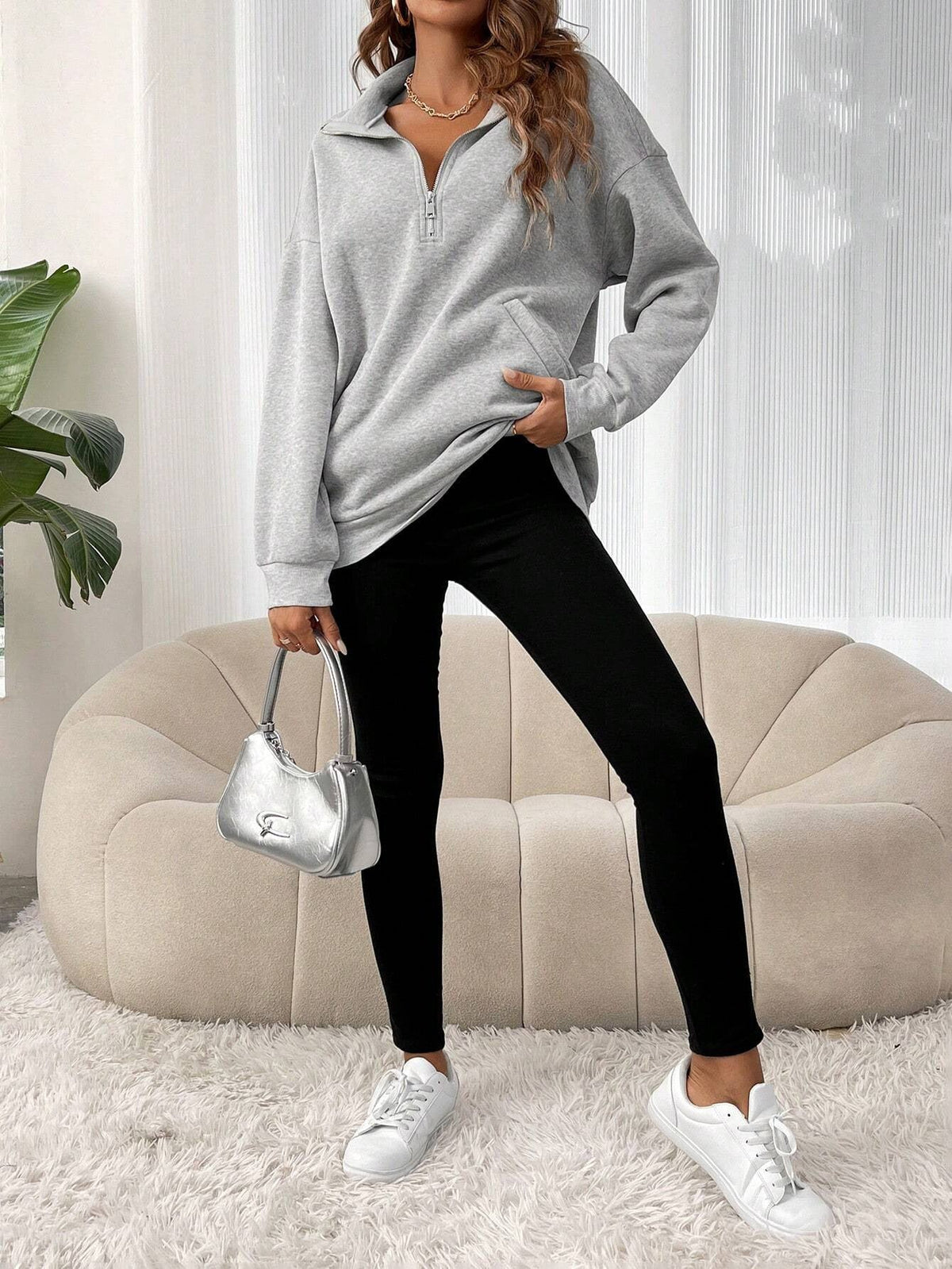 Women's Half Zip Sweatshirt UK – Oversized Collar Kangaroo Pocket | The Vesna | Huna