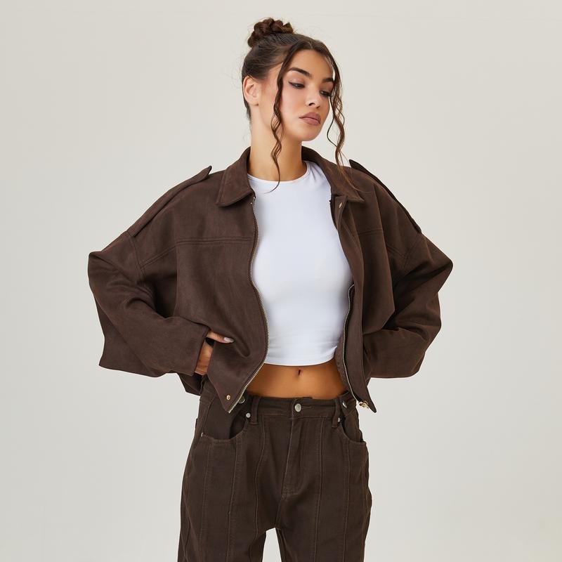 Women's Suede Bomber Jacket UK – Oversized Zip Front | The Tallis | Huna