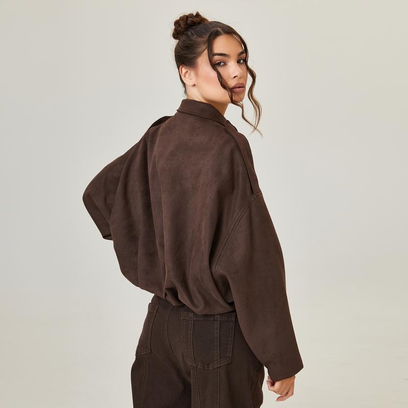 Women's Suede Bomber Jacket UK – Oversized Zip Front | The Tallis | Huna