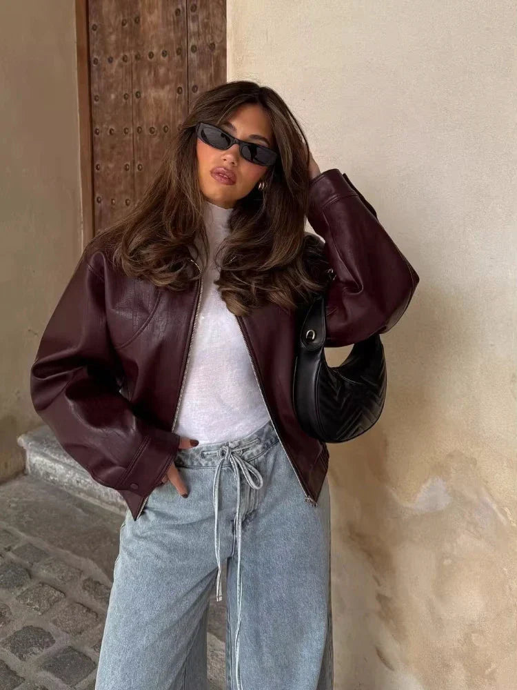 Women's Leather Look Jacket UK – Oversized Waist-Length | The Marisela | Huna