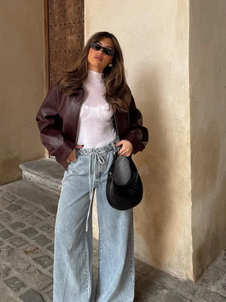 Women's Leather Look Jacket UK – Oversized Waist-Length | The Marisela | Huna