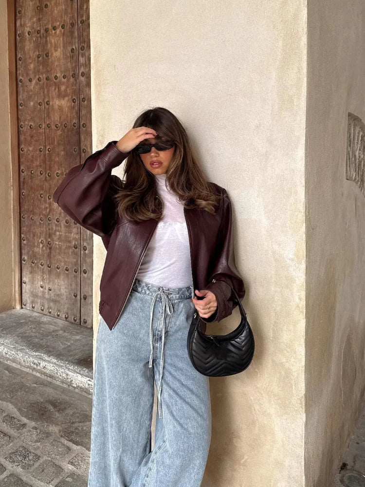 Women's Leather Look Jacket UK – Oversized Waist-Length | The Marisela | Huna