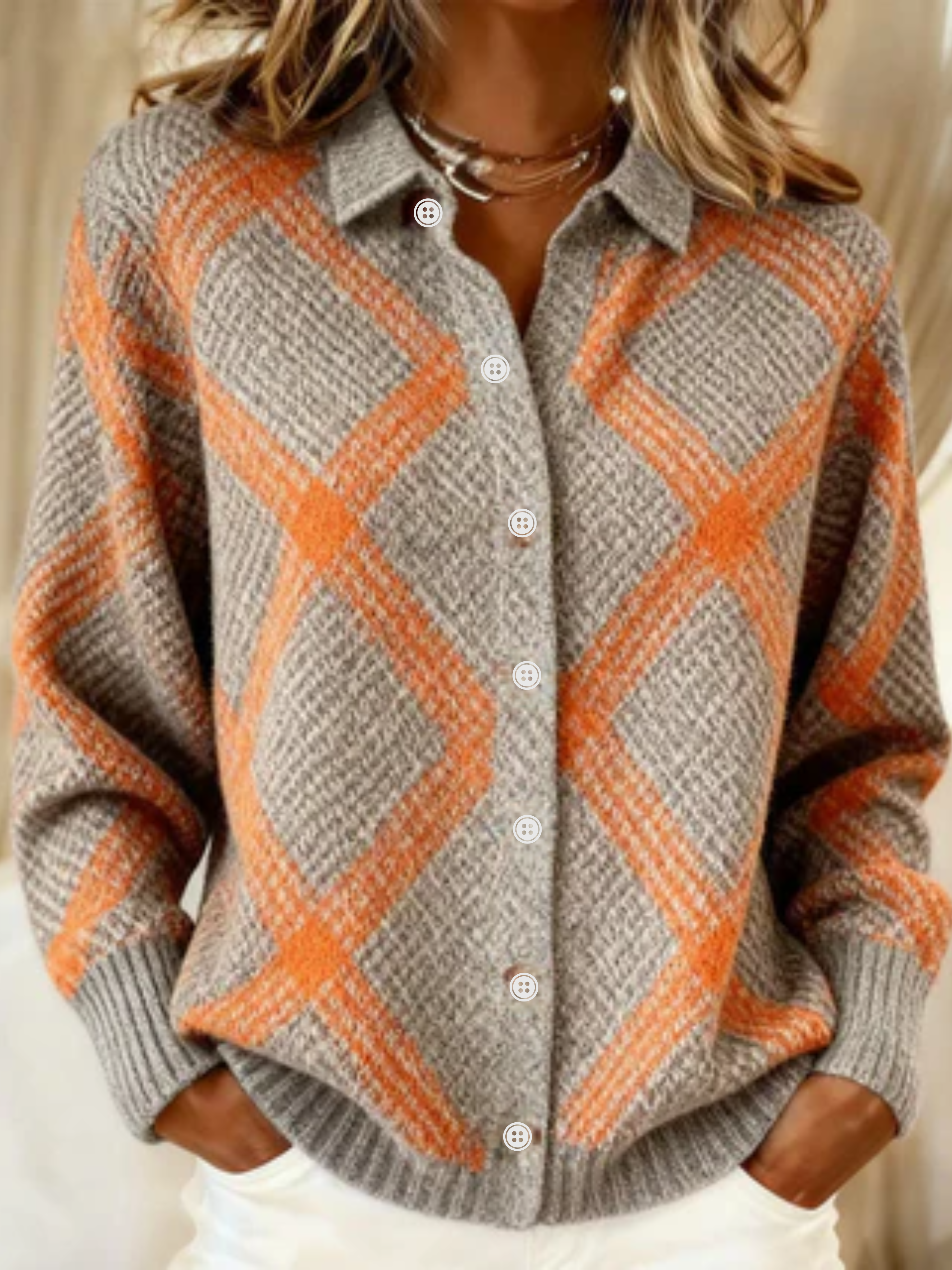 Women's Knitted Cardigan UK – Warm Tone Pattern | The Christina | Huna
