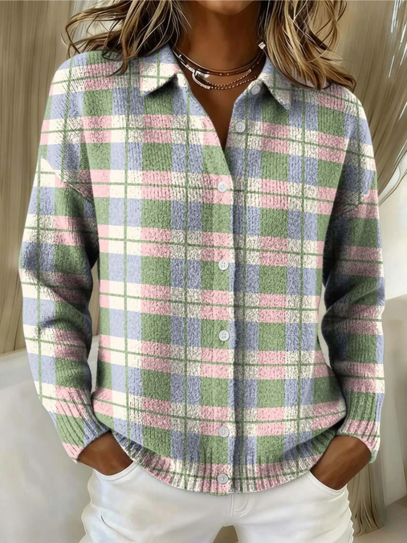 Women's Plaid Button Cardigan UK – Pastel Soft Knit | The Wilhelmina | Huna