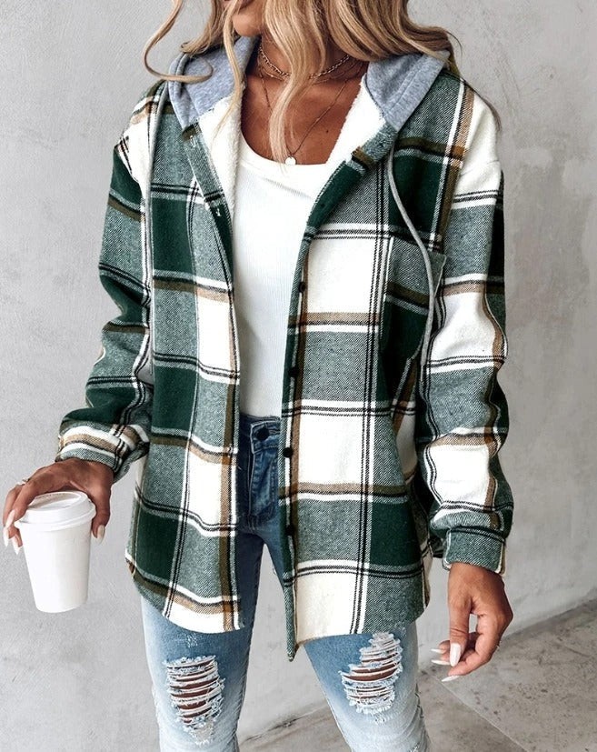 Women's Plaid Hooded Shacket UK – Drawstring Hood | The Wrenna | Huna