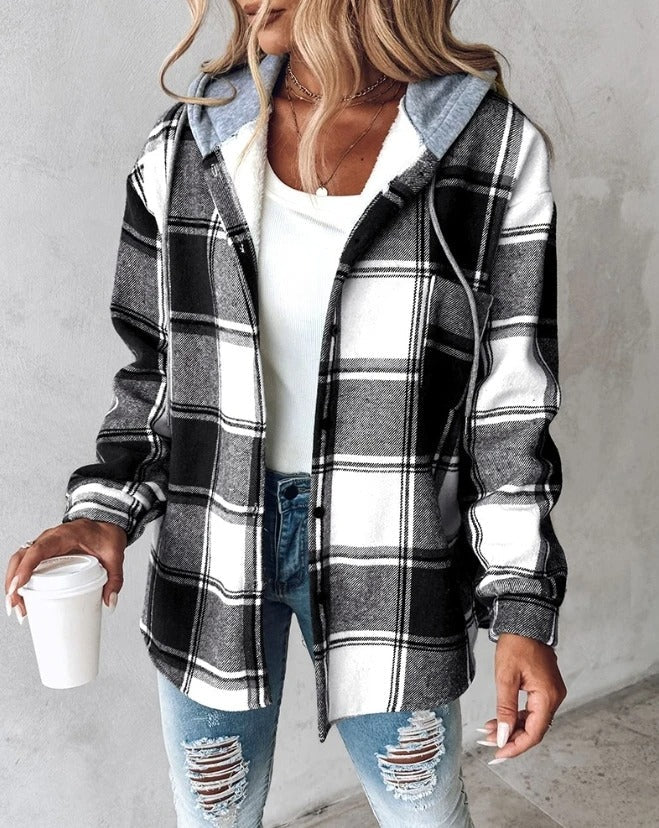 Women's Plaid Hooded Shacket UK – Drawstring Hood | The Wrenna | Huna