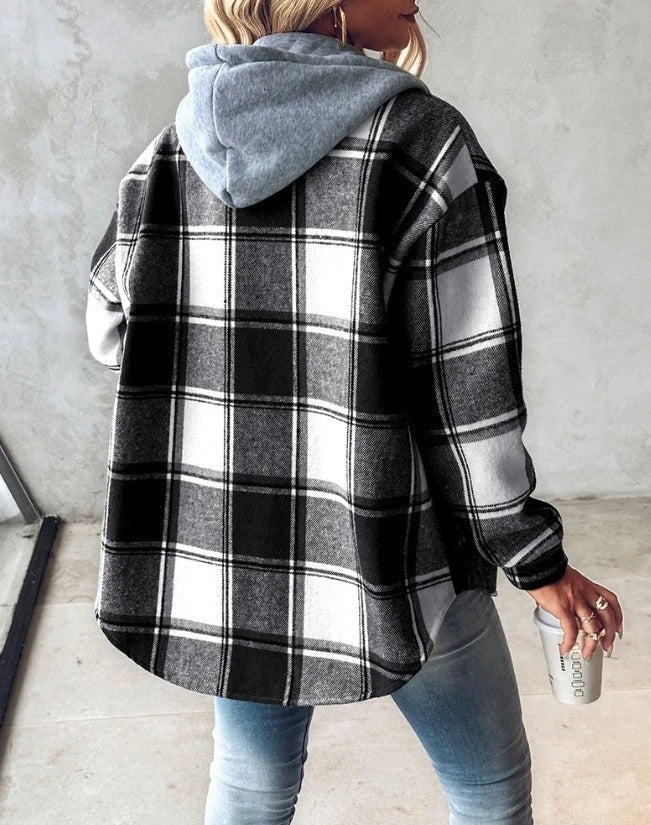 Women's Plaid Hooded Shacket UK – Drawstring Hood | The Wrenna | Huna