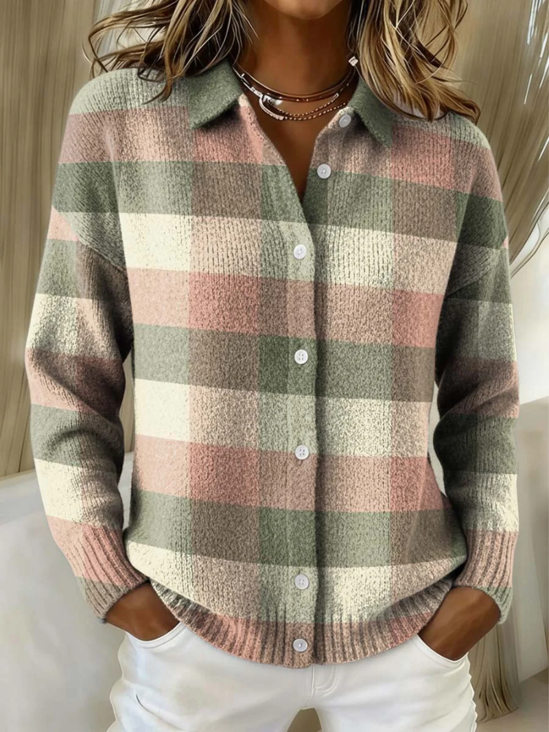 Women's Plaid Knit Cardigan UK – Pastel Soft Warmth | The Genevra | Huna