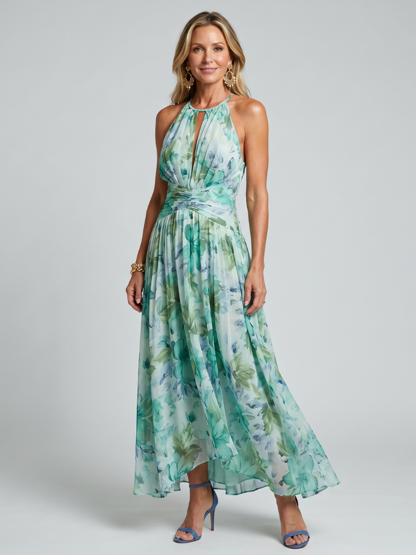 Portia – Women's Pleated Halter Floral Midi Dress | Huna