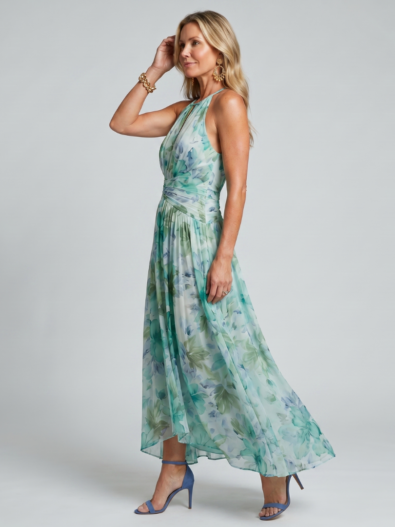 Portia – Women's Pleated Halter Floral Midi Dress | Huna