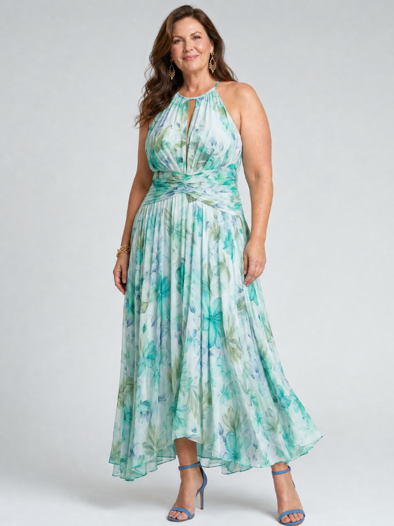 Portia – Women's Pleated Halter Floral Midi Dress | Huna