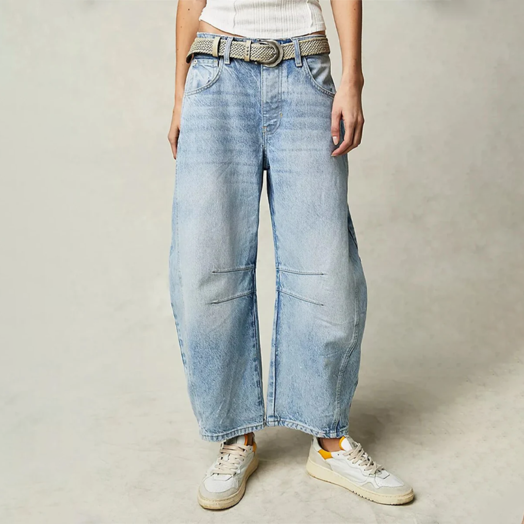 Women's Barrel Leg Jeans UK – Relaxed Curved Silhouette Mid Rise | The Nadia | Huna