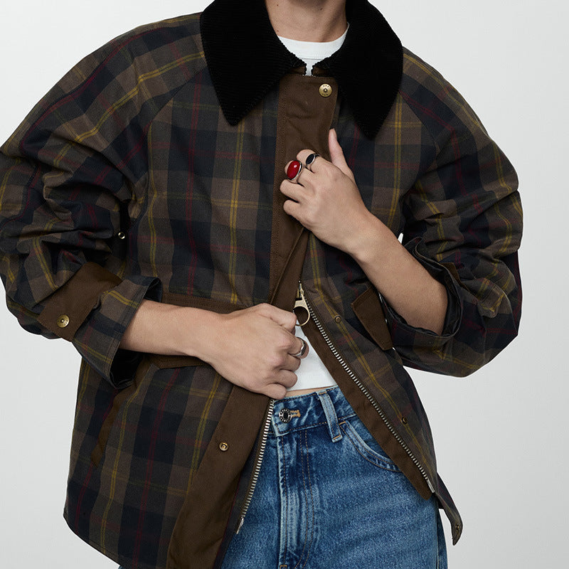 Women's Plaid Jacket UK – Corduroy Collar Snap Buttons | The Gwendolyn | Huna