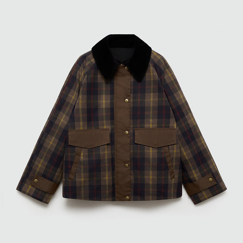 Women's Plaid Jacket UK – Corduroy Collar Snap Buttons | The Gwendolyn | Huna
