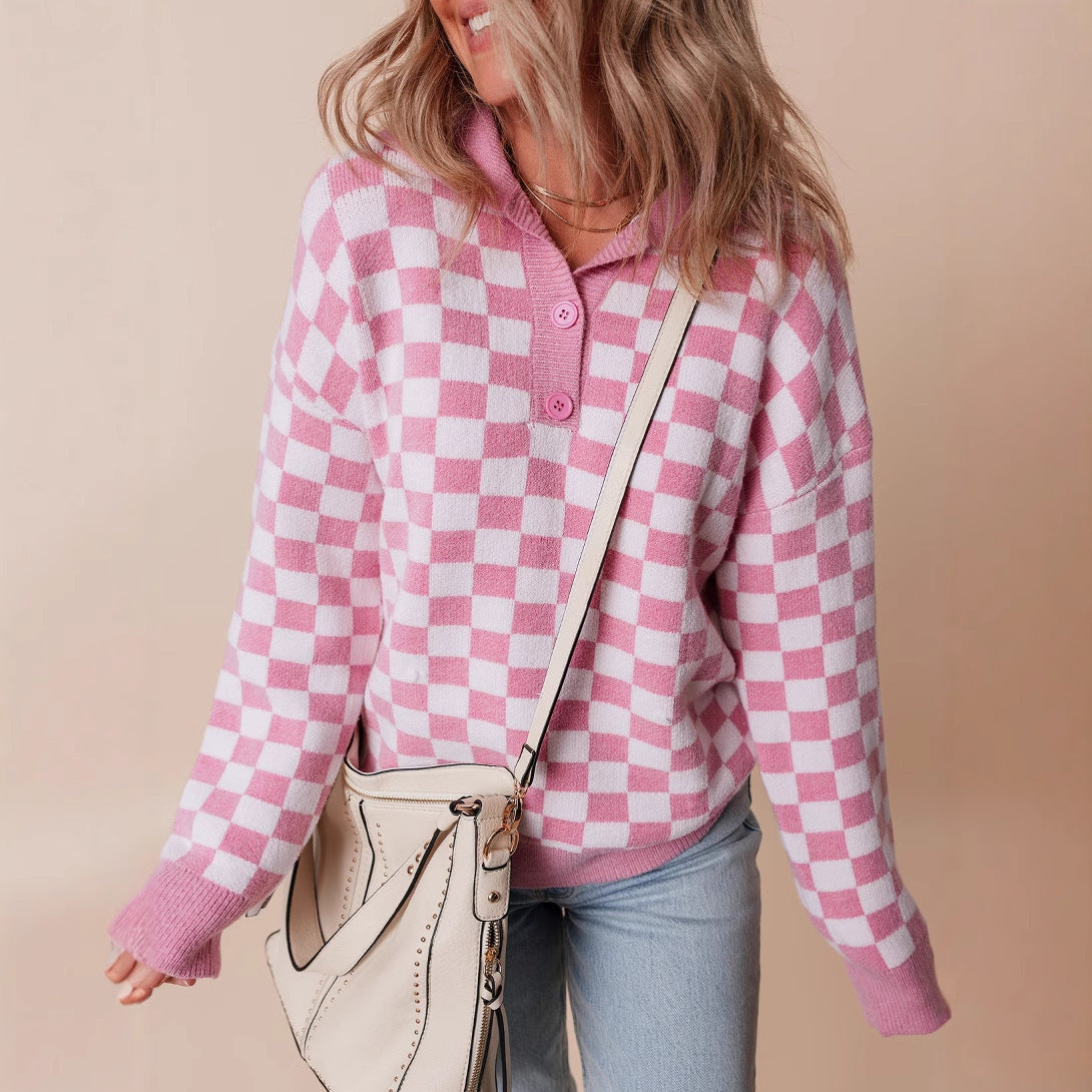 Women's Checkerboard Knit Sweater UK – Retro Collared Button | The Yolanda | Huna