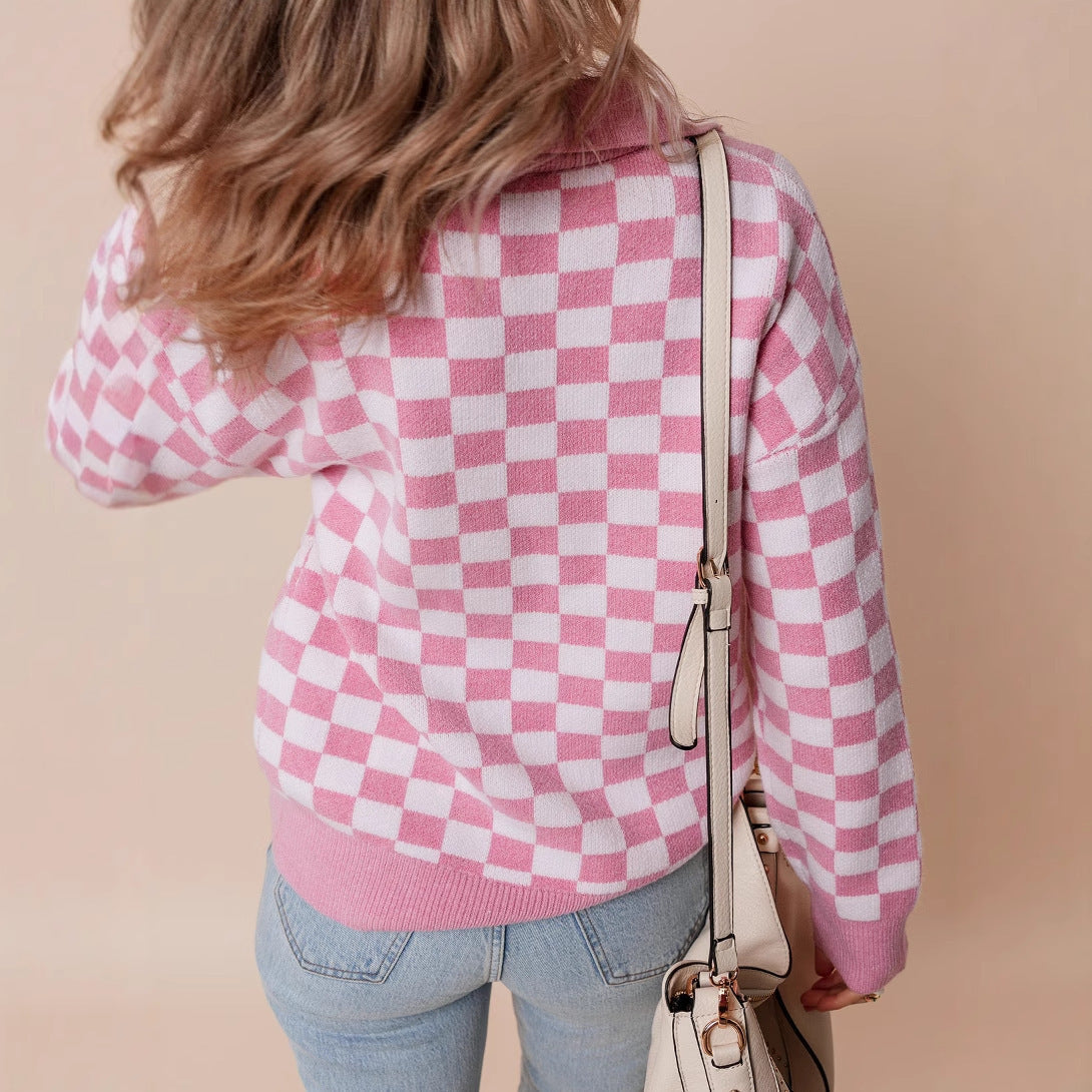 Women's Checkerboard Knit Sweater UK – Retro Collared Button | The Yolanda | Huna