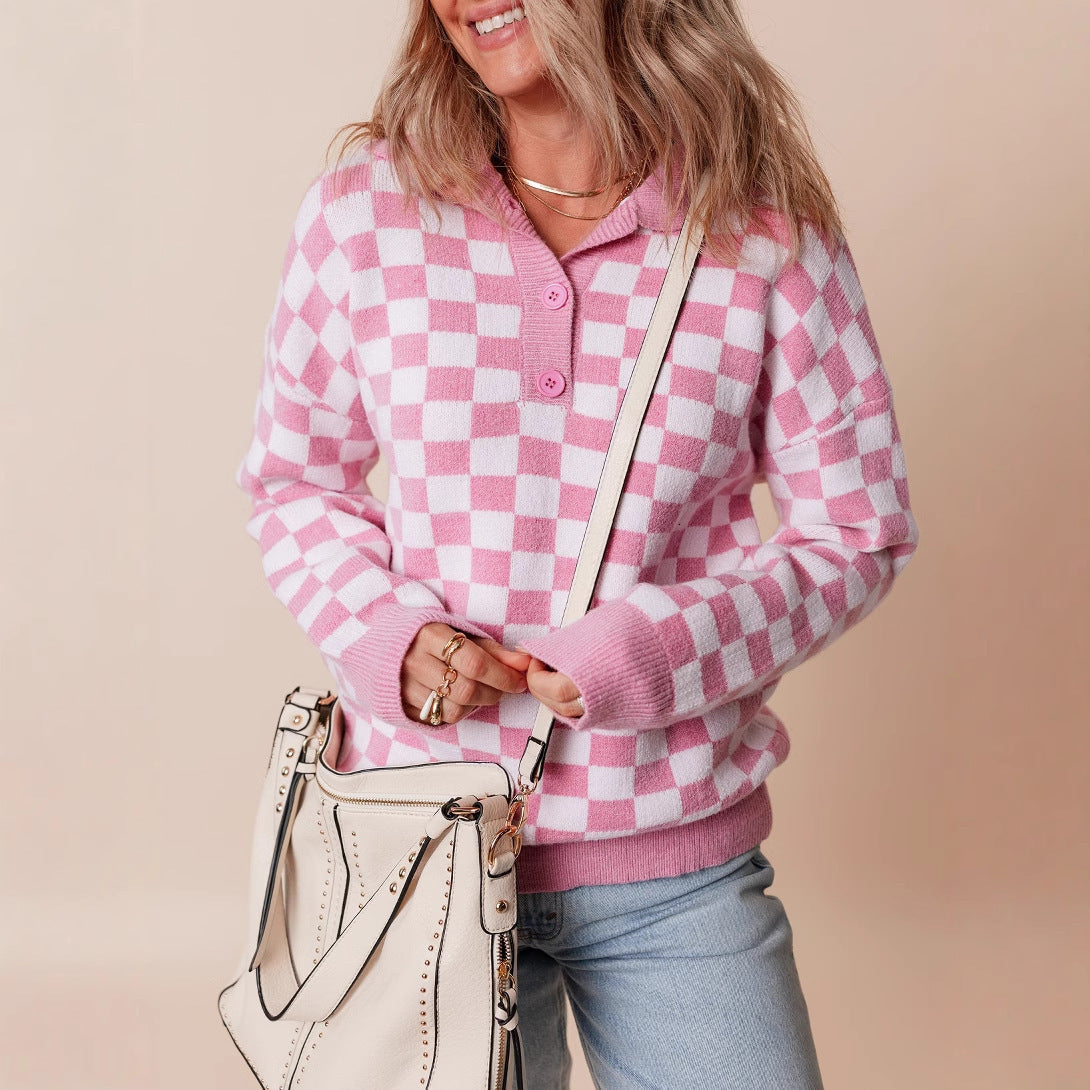 Women's Checkerboard Knit Sweater UK – Retro Collared Button | The Yolanda | Huna
