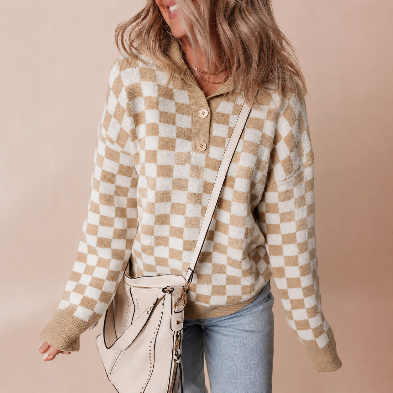 Women's Checkerboard Knit Sweater UK – Retro Collared Button | The Yolanda | Huna