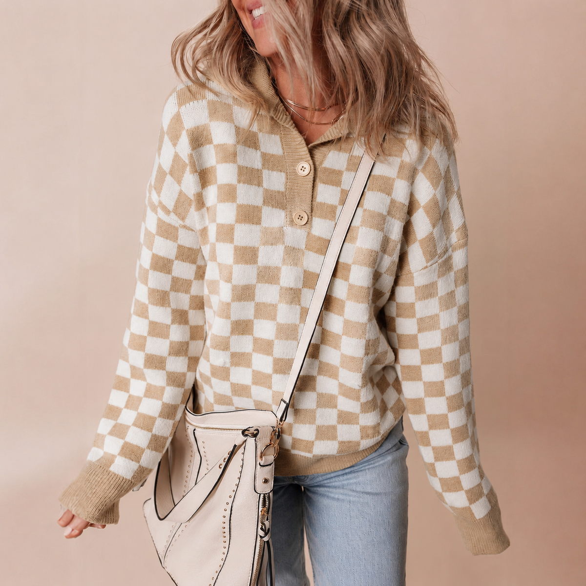 Women's Checkerboard Knit Sweater UK – Retro Collared Button | The Yolanda | Huna