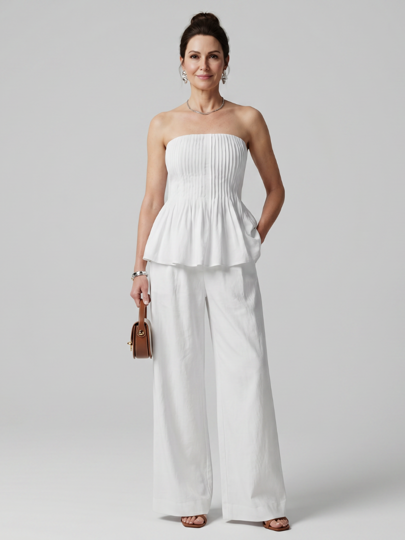 Women's Smocked Top & Wide Leg Pants Set – Strapless Co-ord | The Rila | Huna