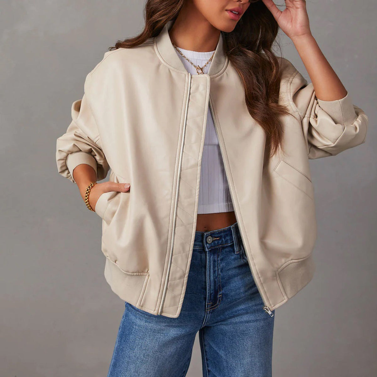 Women's Vegan Leather Bomber UK – relaxed fit, view 2