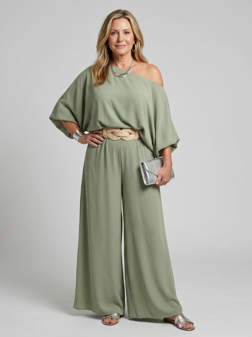 Women's One Shoulder Top & Wide Leg Pants Set – Co-ord | The Siomara | Huna
