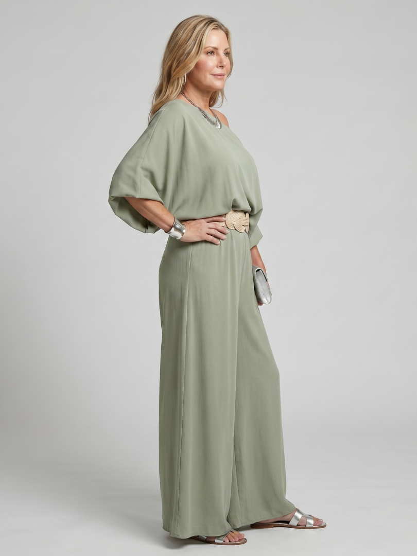 Women's One Shoulder Top & Wide Leg Pants Set – Co-ord | The Siomara | Huna