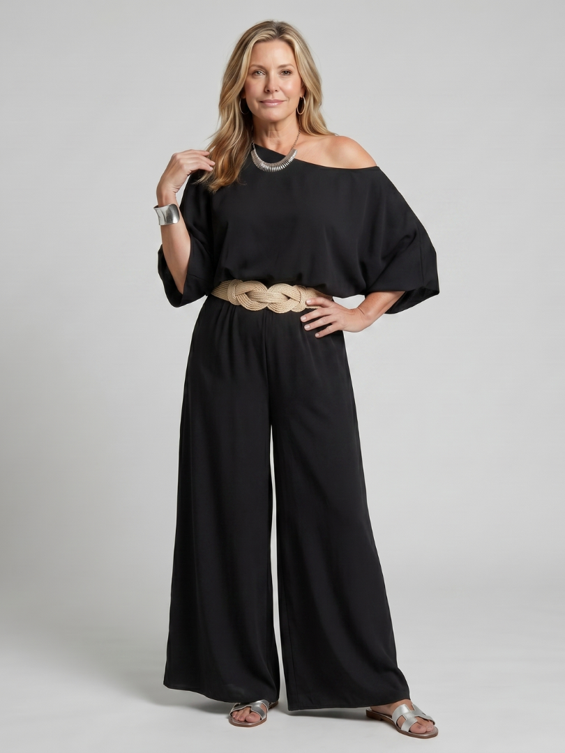 Women's One Shoulder Top & Wide Leg Pants Set – Co-ord | The Siomara | Huna