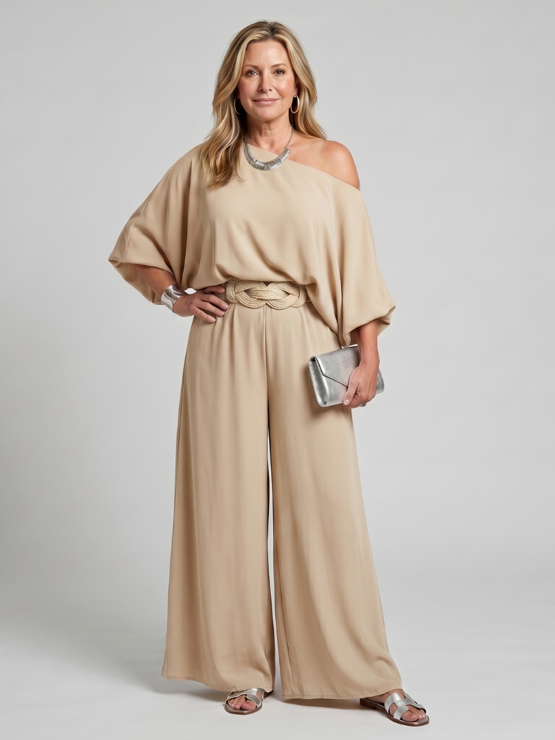 Women's One Shoulder Top & Wide Leg Pants Set – Co-ord | The Siomara | Huna