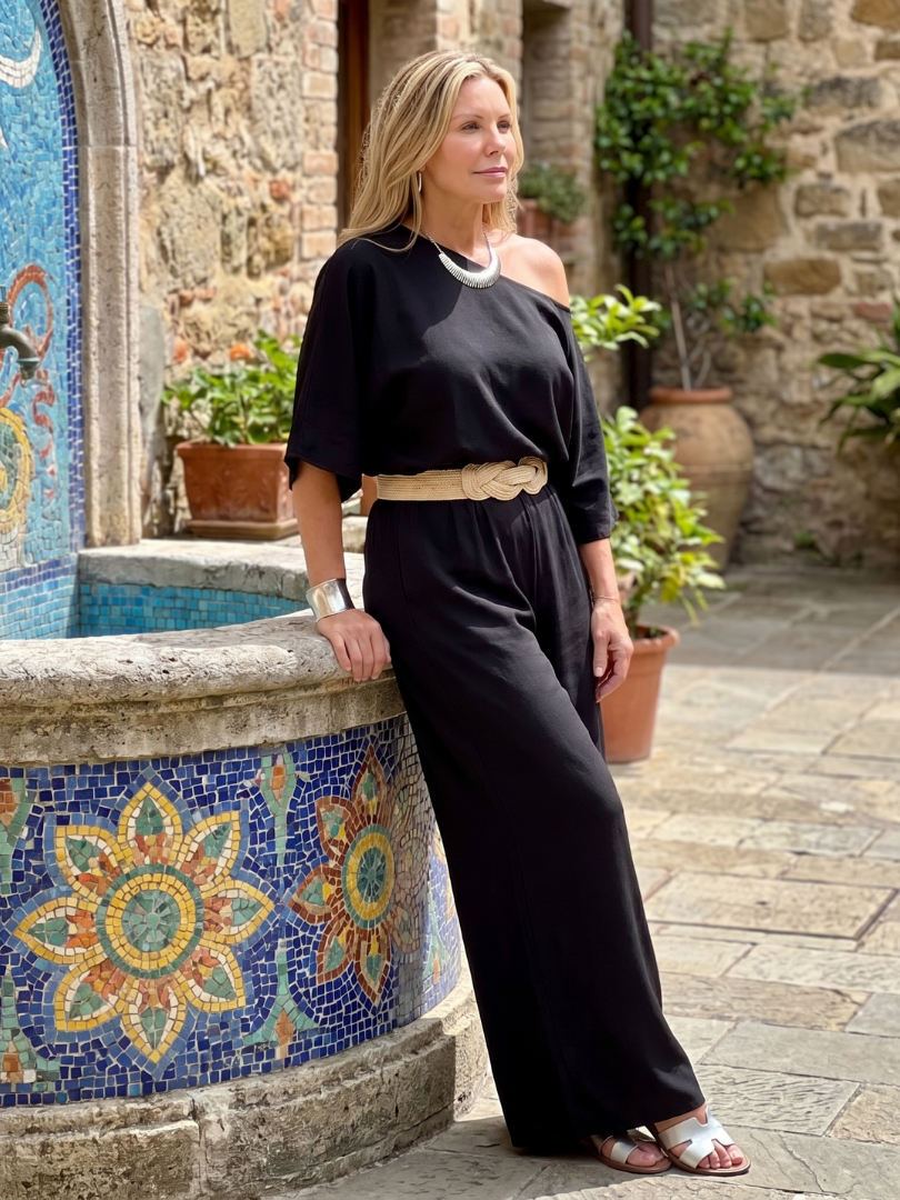 Women's One Shoulder Top & Wide Leg Pants Set – Co-ord | The Siomara | Huna
