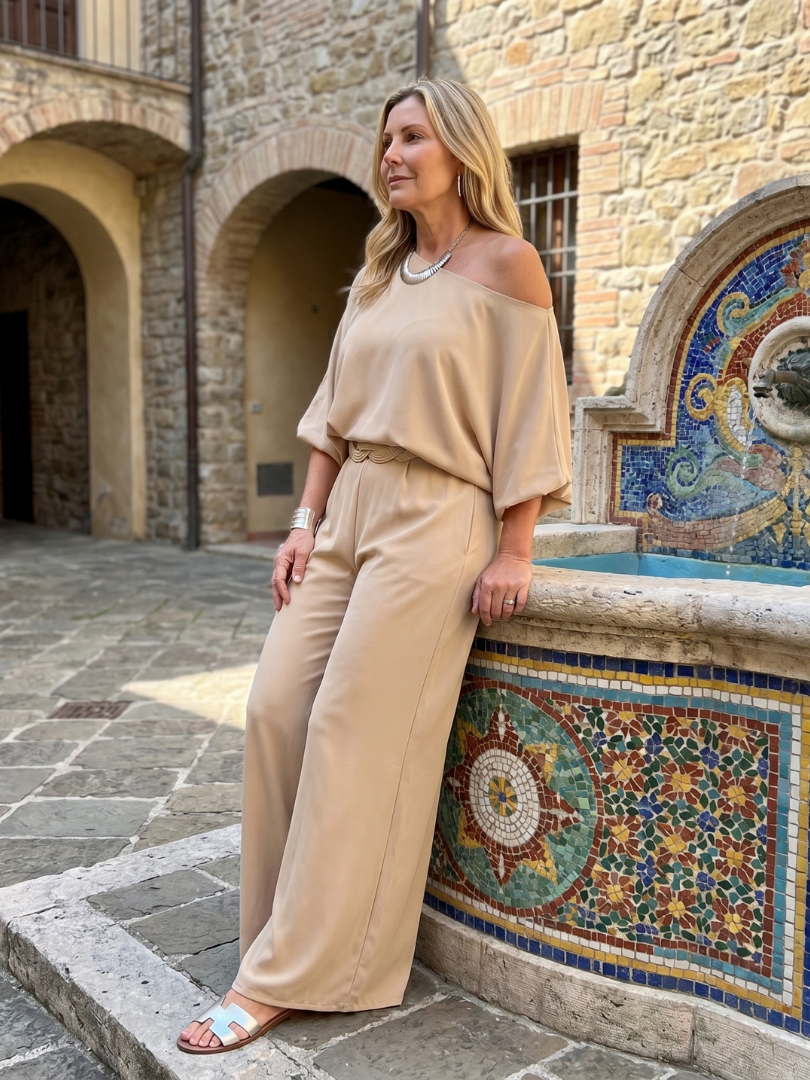 Women's One Shoulder Top & Wide Leg Pants Set – Co-ord | The Siomara | Huna