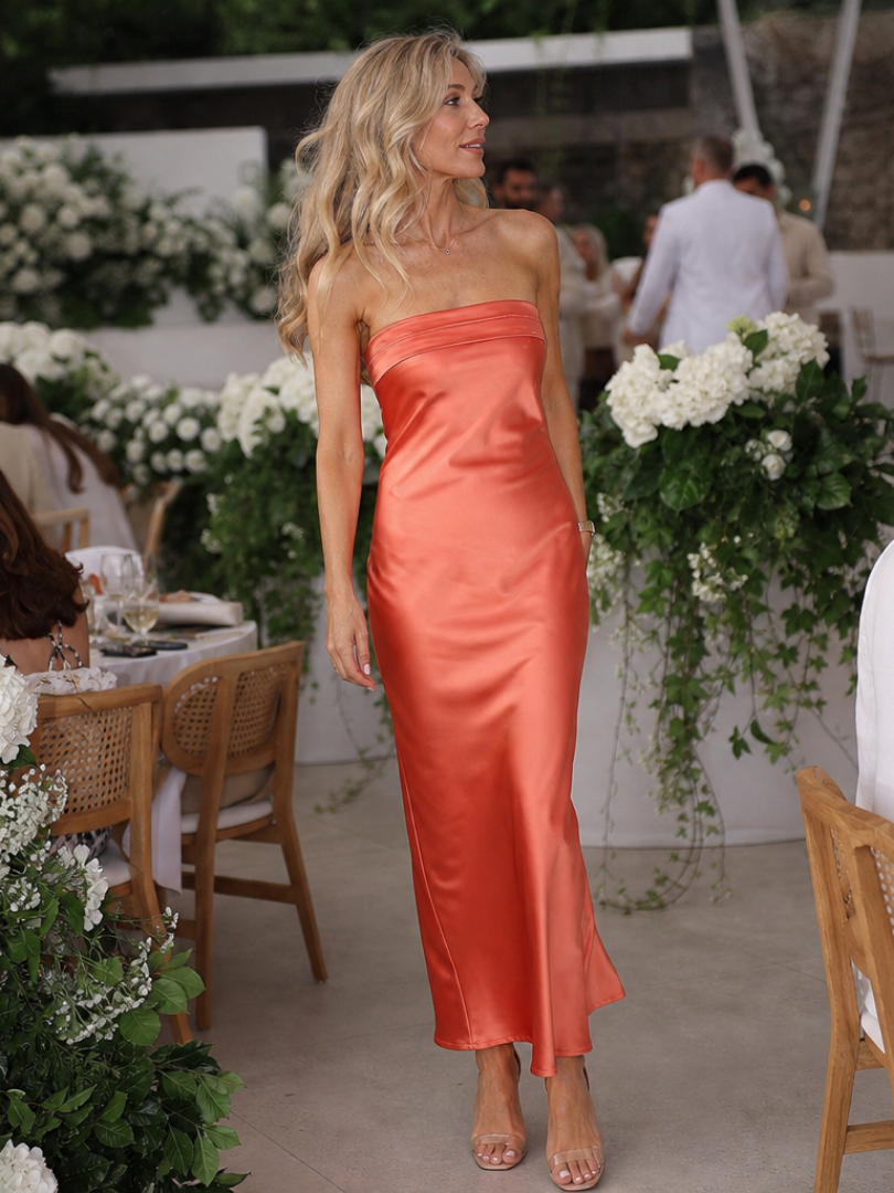 The Smoge – Women's Strapless Wedding Guest Midi Dress | Huna