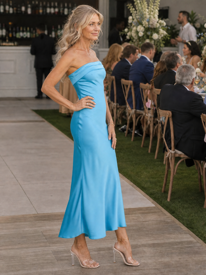 The Smoge – Women's Strapless Wedding Guest Midi Dress | Huna