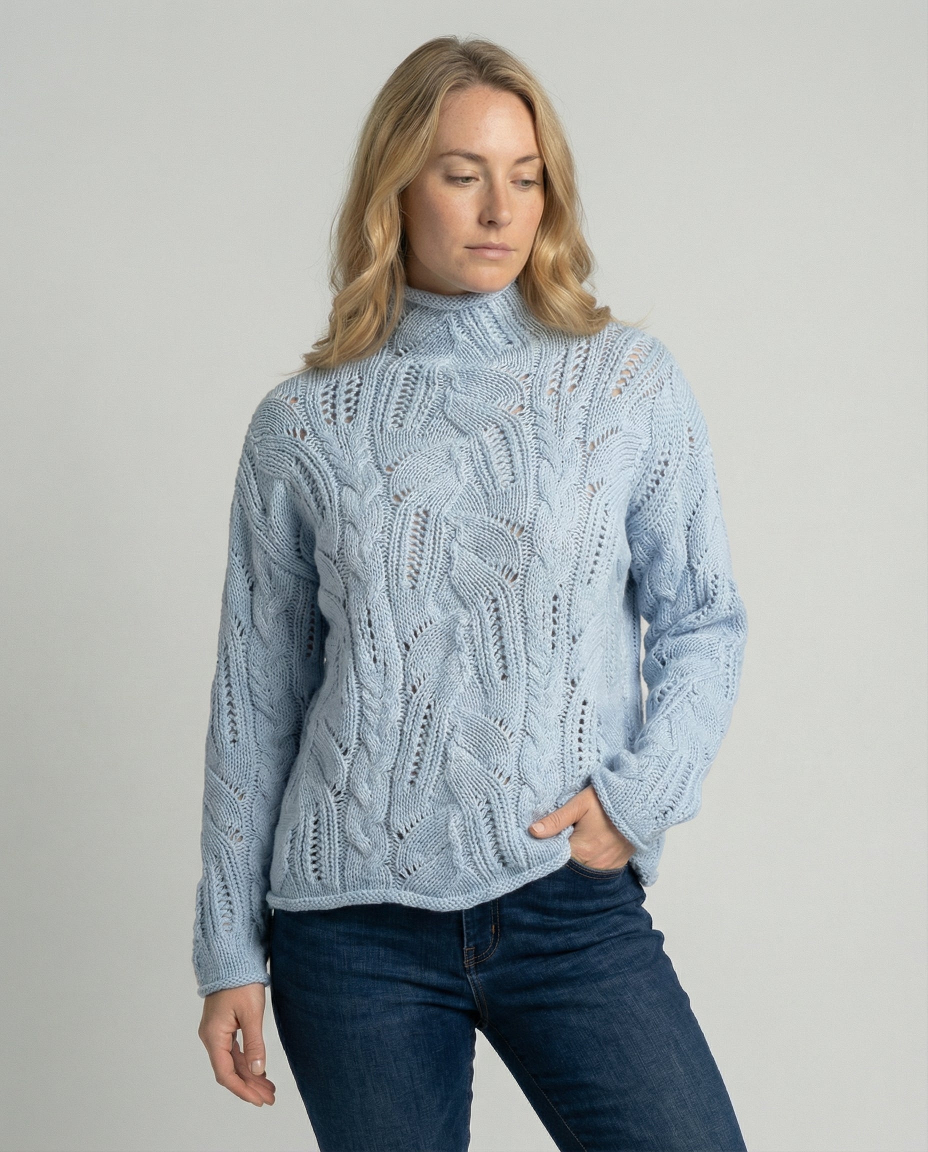 Women's Cable Knit Sweater UK – Turtleneck Pointelle Detail | The Elowen | Huna