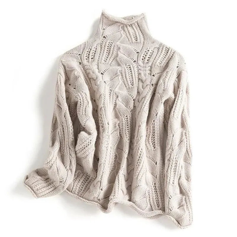 Women's Cable Knit Sweater UK – Turtleneck Pointelle Detail | The Elowen | Huna